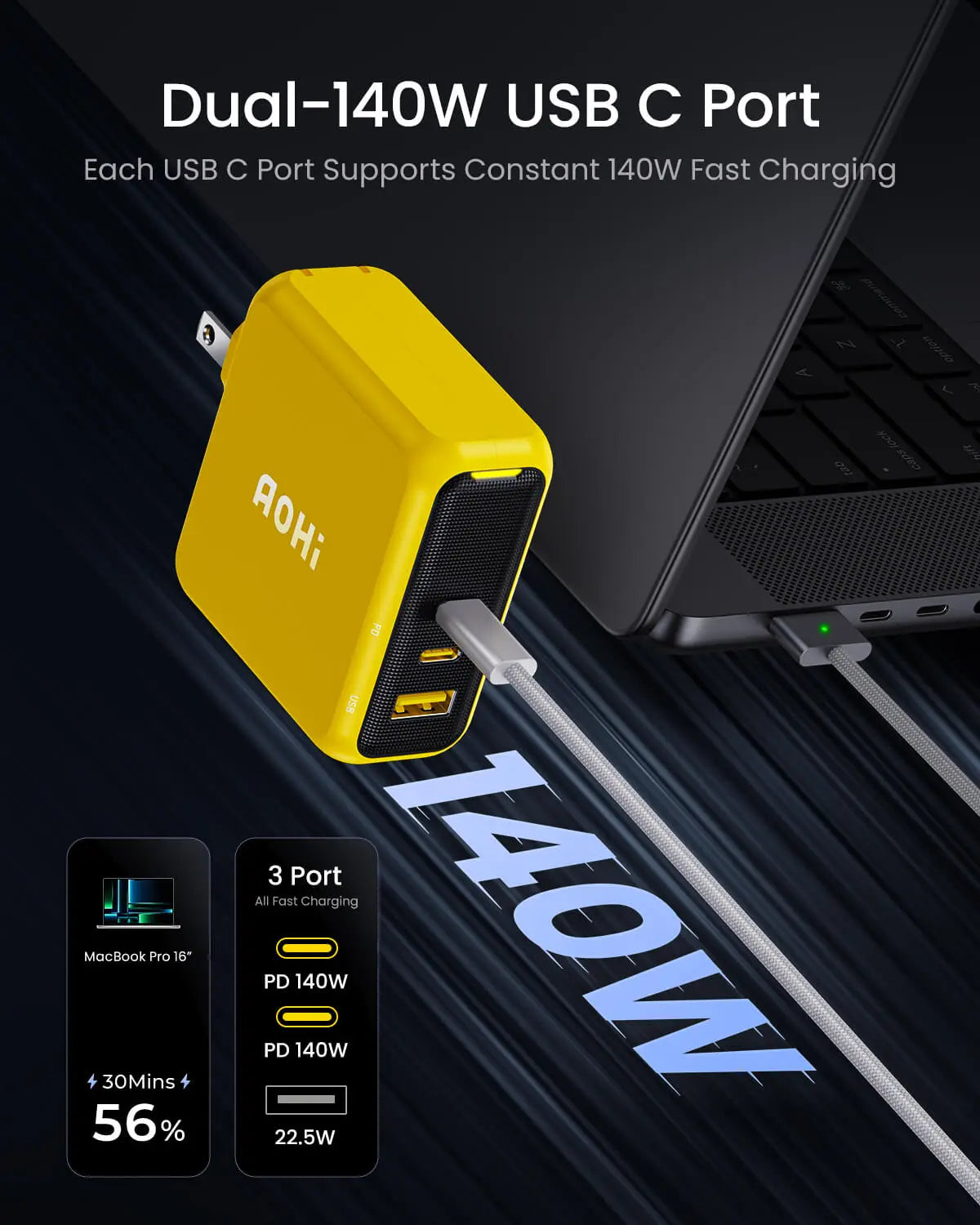 AOHI 240W 5 in 1 Nylon Creative Power Cable Set & Magcube  140W Pro GaN+ Fast Charger AOHi