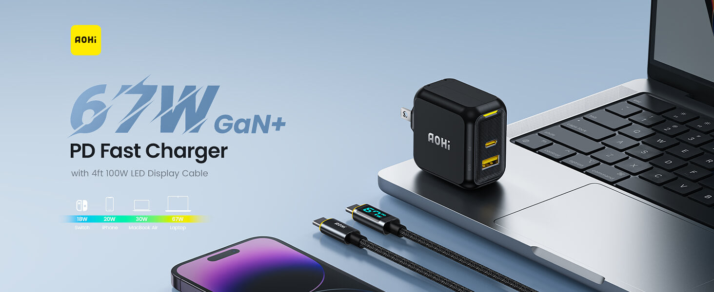 AOHI MAGCUBE 67W DUAL-PORT FOLDABLE GAN CHARGER WITH LED CABLE